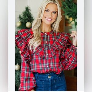 Plaid Ruffle Blouse - Red Dress Aura Tartan Plaid medium